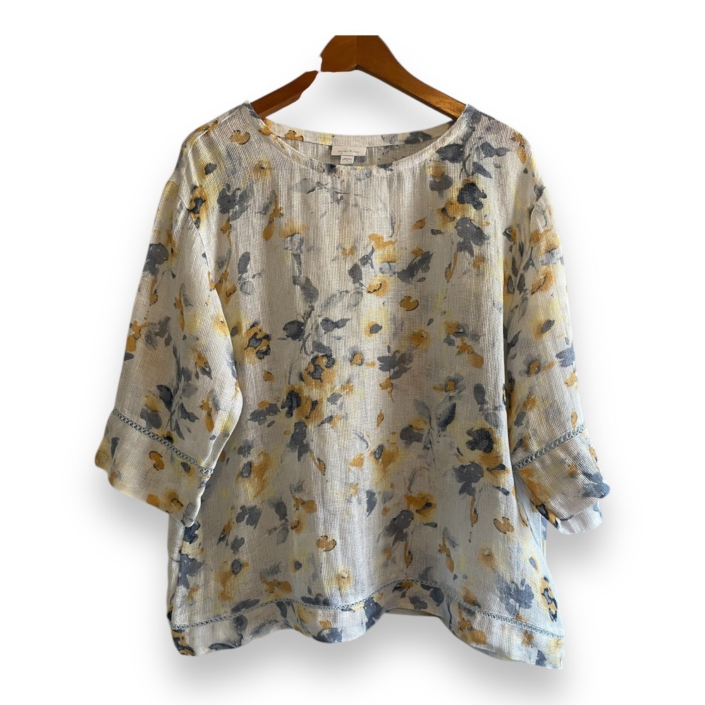 J.Jill PureJill Linen Blouse Women's Medium White Floral 3/4 Sleeve 100% Linen